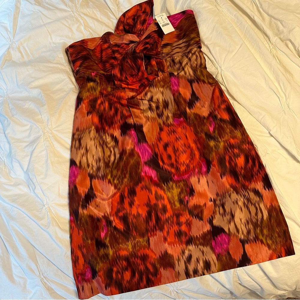 J. Crew Ikat Silk Strapless dress with bow & pocket detail NWT orange pink brown